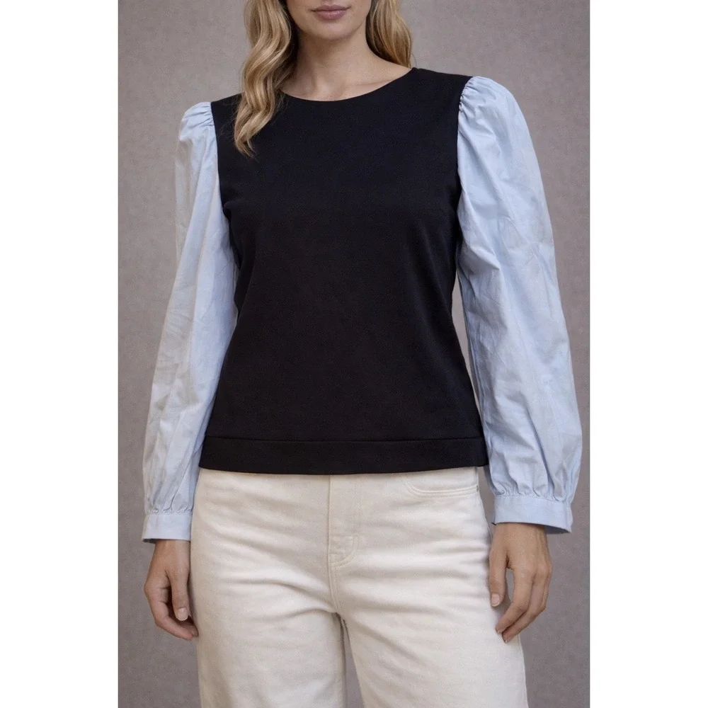 Tuckernuck Mixed Media Puff‎ Sleeve Top Black Blue XL Y24155T